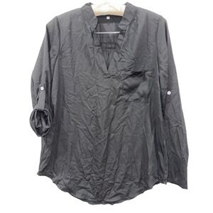 Womens Black Long Sleeve Collared Roll Tab Pocket Casual Blouse Top Size M